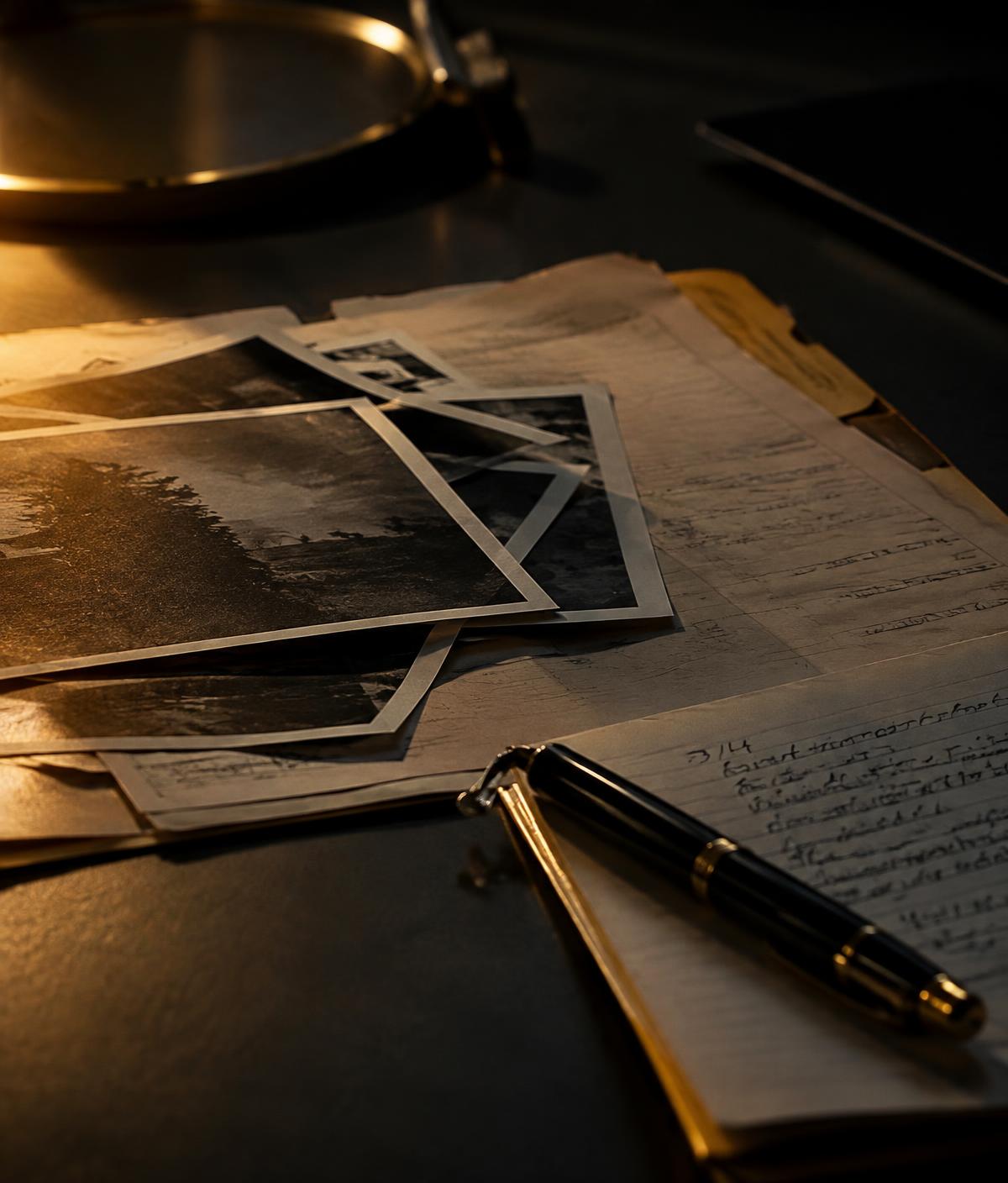 Documentos e anotações de análise sobre mesa escura